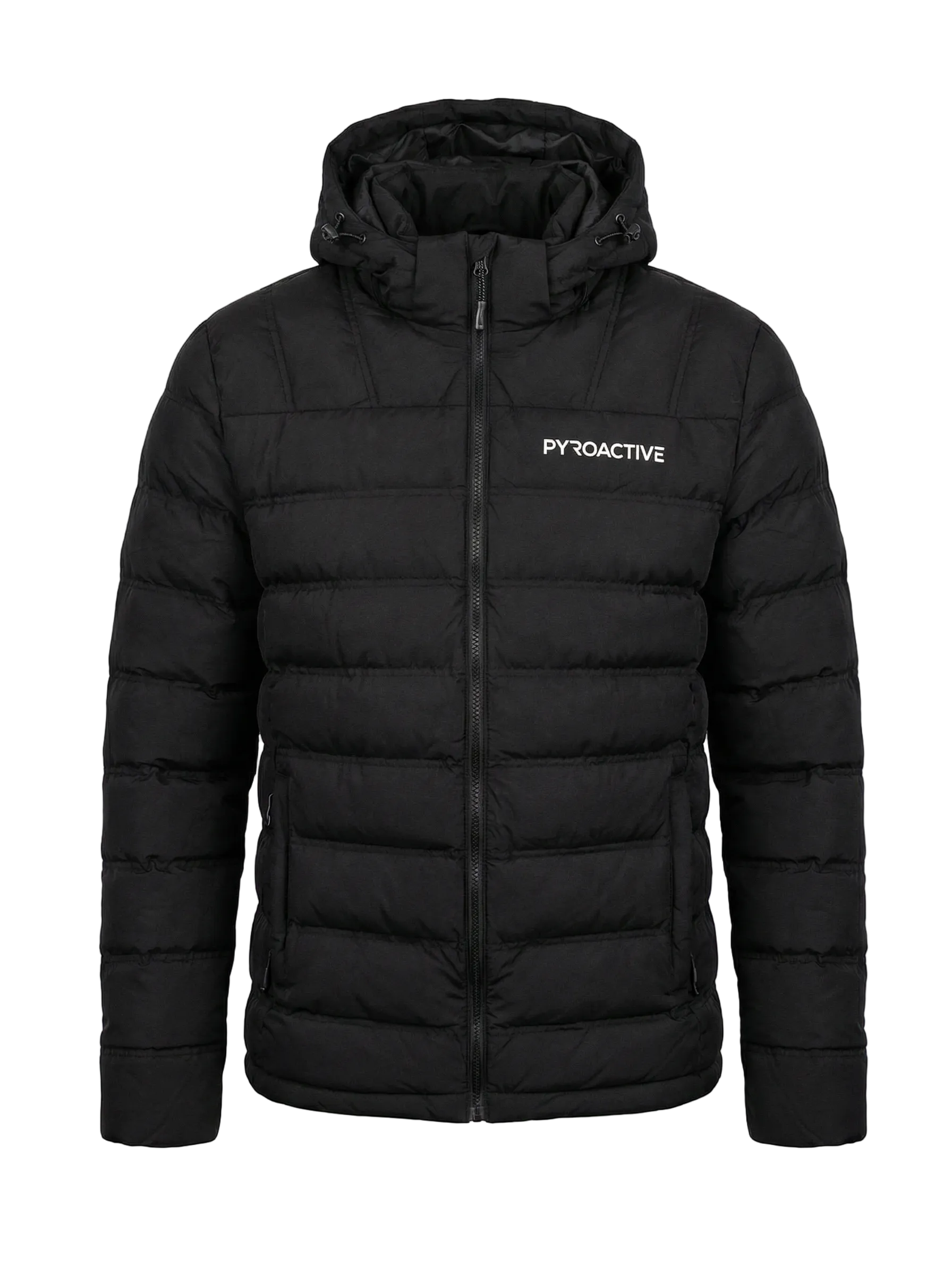 Black puffer jacket with a brand logo on a white background
