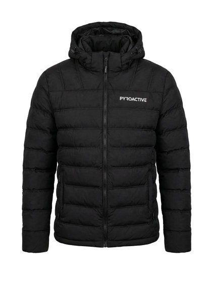 Black puffer jacket with a brand logo on a white background