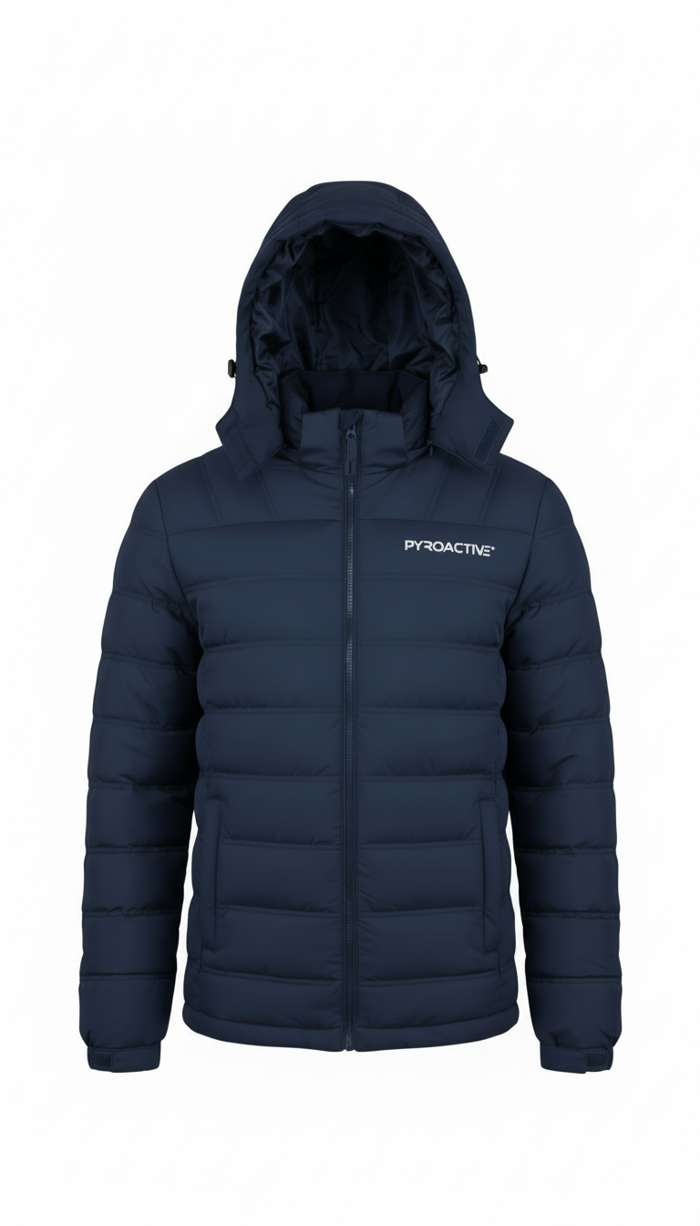 Navy puffer jacket with hood on a white background